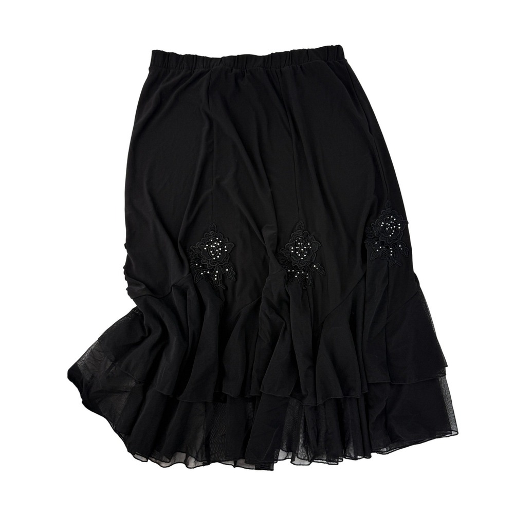 Vintage 90's Midi Beaded Black Skirt Lace Pearl Floral Applique Whimsigoth Korea